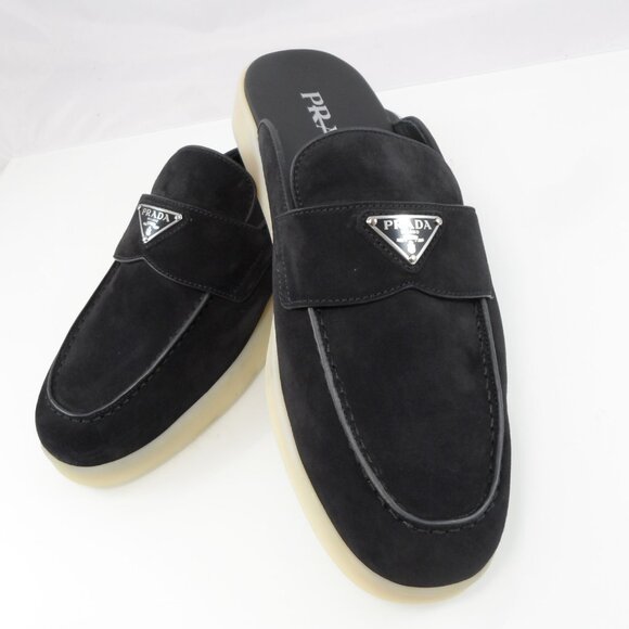 NIB$950 Prada Saint Tropez Suede Metal Triangle Logo Loafer Mules 7.5, US 8.5 - Picture 7 of 16